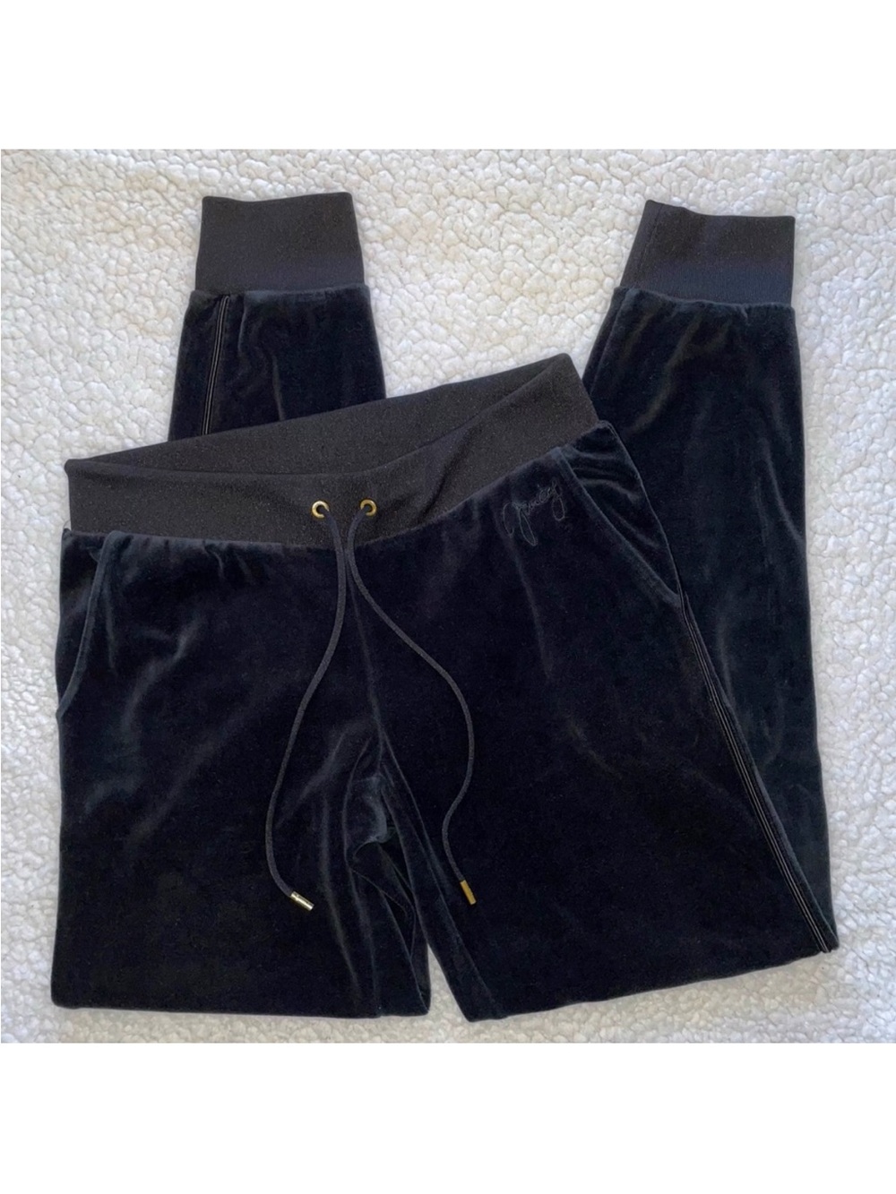 Y2K JUICY COUTURE velour joggers black gold detail drawstring pockets S